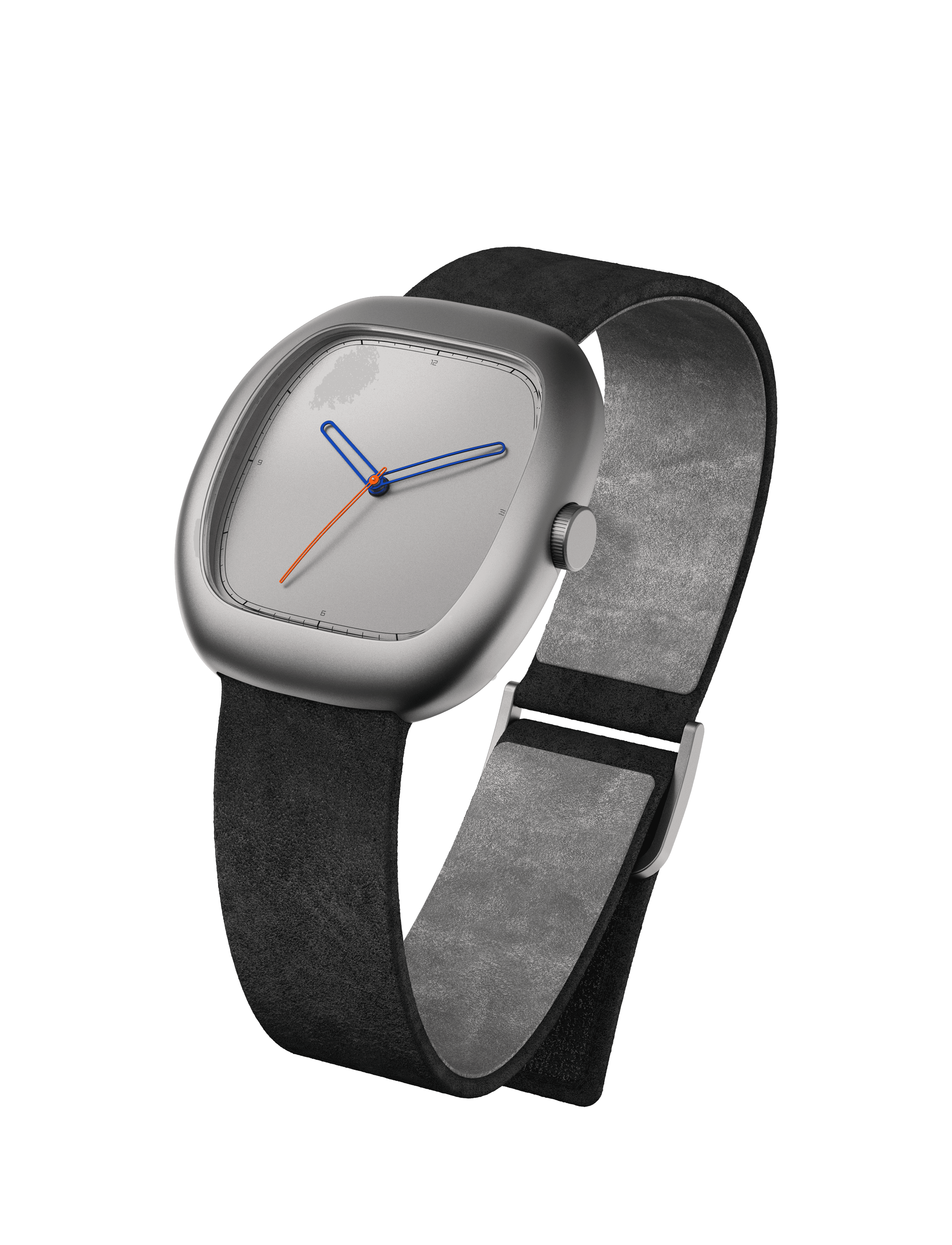 Front three-quarter view of a cushion-shaped titanium wristwatch against a white background. The heavily domed, pebble-like case has a sandblasted matte finish with no visible lugs, flowing directly into a wide black suede strap with a light grey interior and a polished titanium folding clasp. The clean grey dial features a minimalist minute track with numerals at 12, 3, 6, and 9, open-loop blue hour and minute hands, and a slim orange seconds hand with a blue centre pip. A small knurled crown sits flush at 3 o'clock.